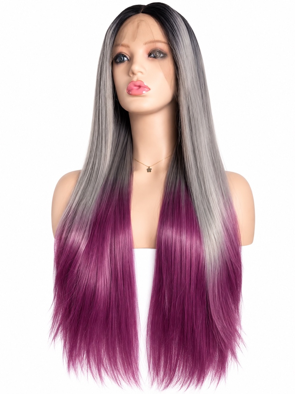 Long Straight Lace Front Wig in Gray to Purple Ombre middle part 26 inches long
